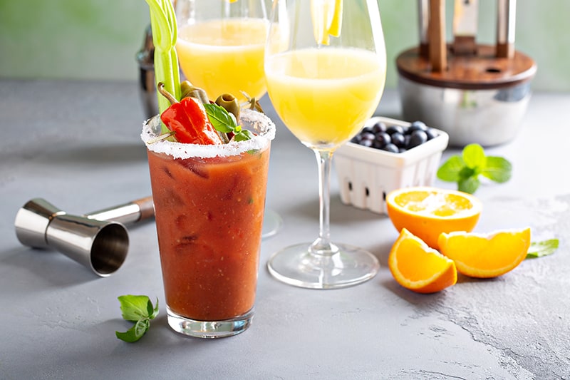Brunch cocktails with mimosas and bloody mary